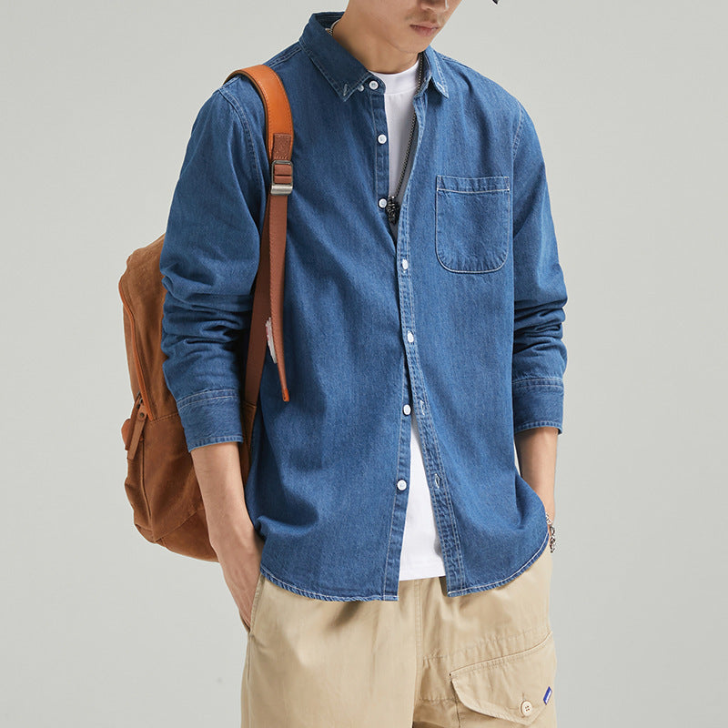 Men's Long Sleeve Solid Color Casual Thin Lapels Denim Shirt Men's Long Sleeve Solid Color Casual Thin Lapels Denim Shirt